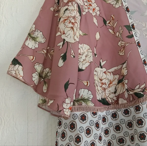 Sexy Kimono Blouse Tie Front Pink Patchwork Boho Western Flowy Floral Pastel MED - Picture 3 of 10